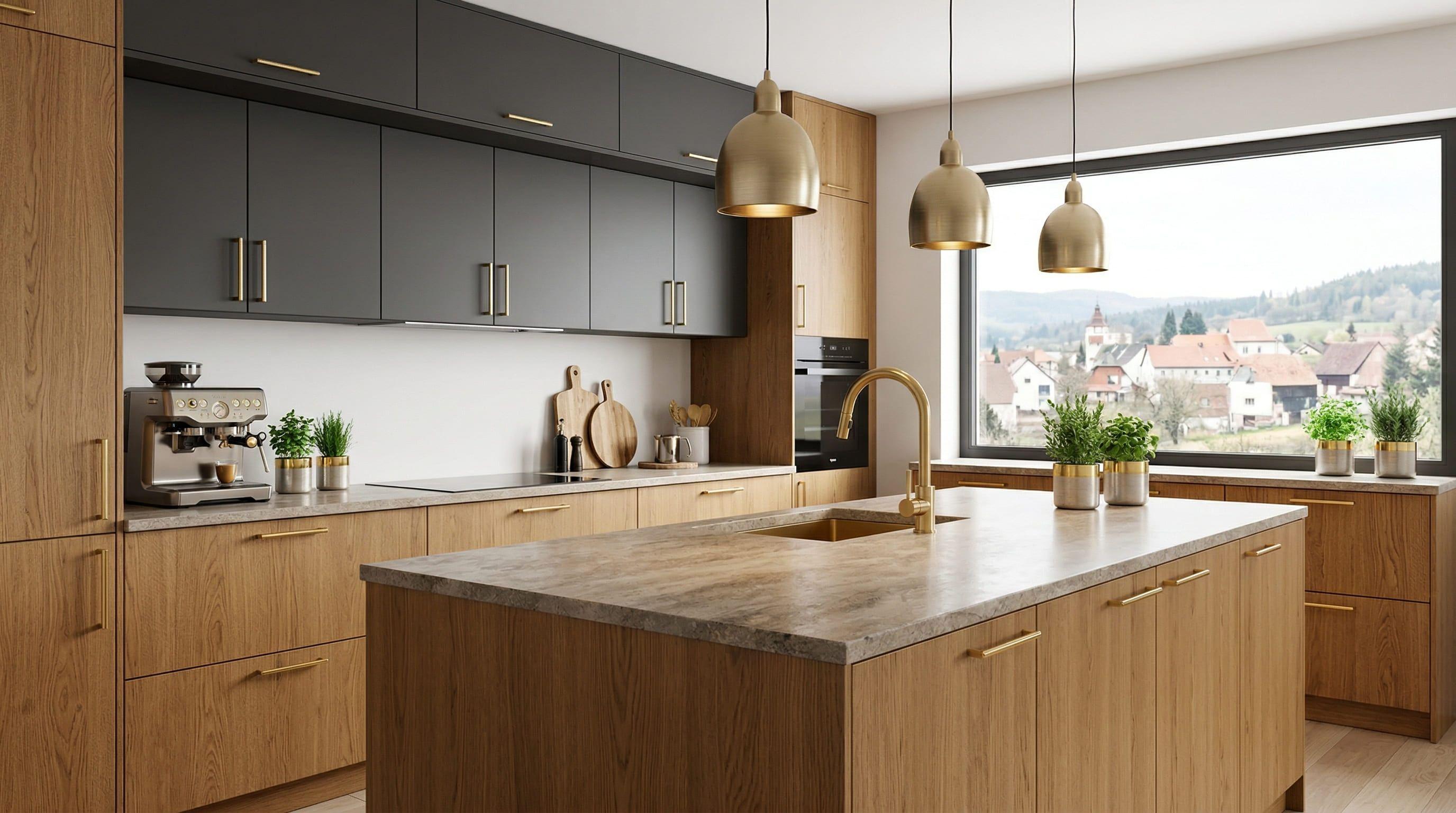 Moderne Küche mit Holzfronten, schwarzen Oberschränken, goldfarbenen Pendelleuchten und großer Kücheninsel mit Marmorarbeitsplatte vor Fenster mit Blick auf Dorf und Hügel.